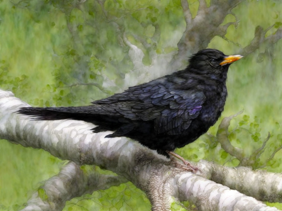 Glossy blackbird perched on tree branch in painterly style