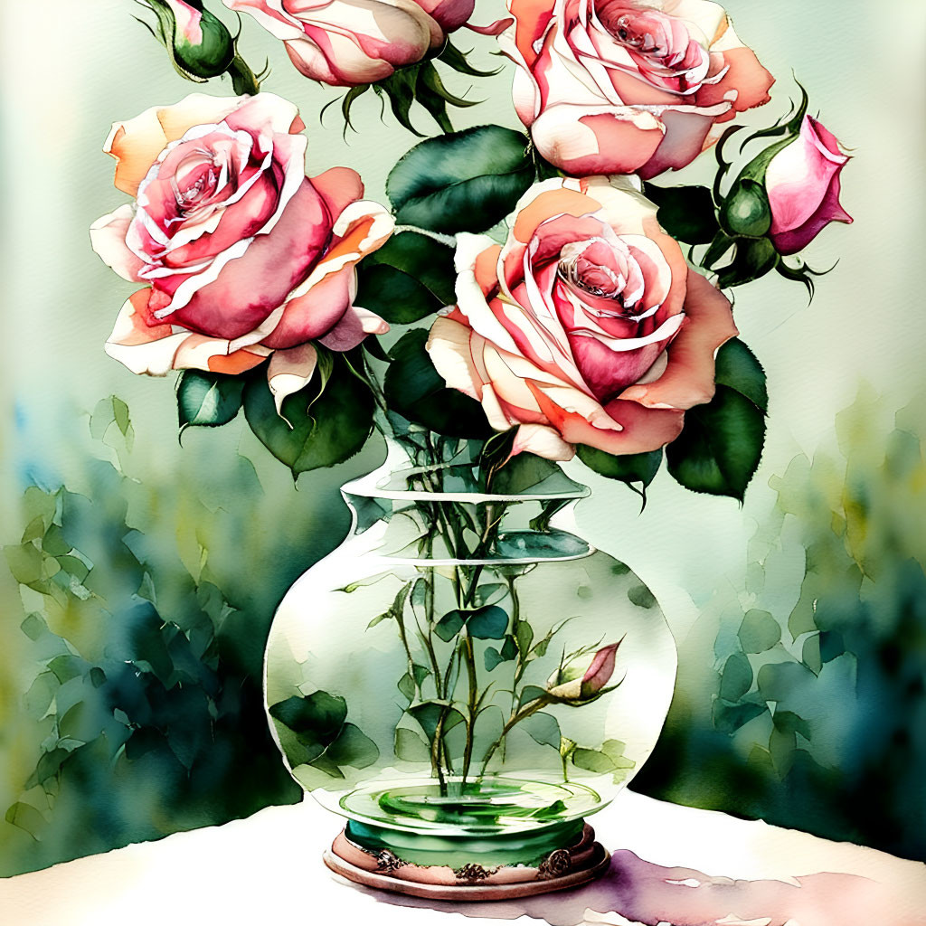 Pink and White Roses in Glass Vase Watercolor Painting