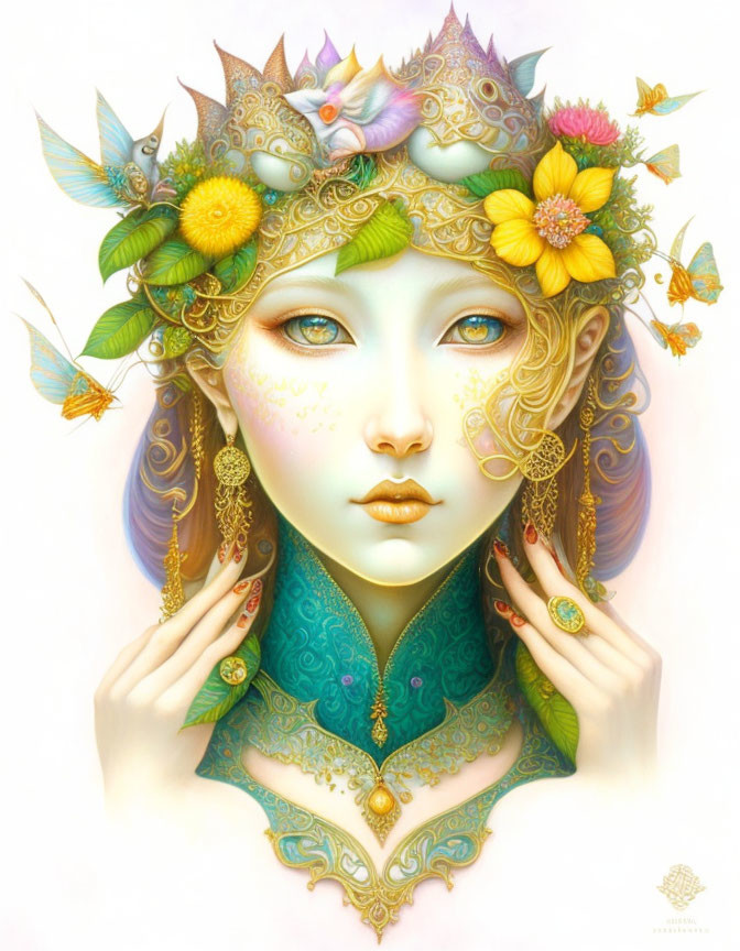 Vibrant illustration of woman with floral elements and butterflies