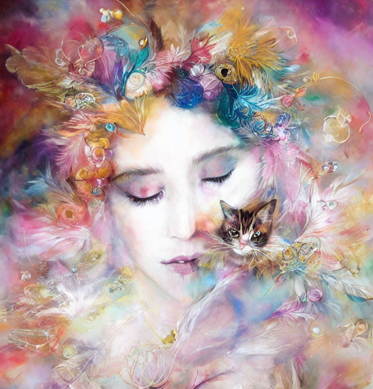 Colorful painting of woman with feathers, bubbles, and cat.