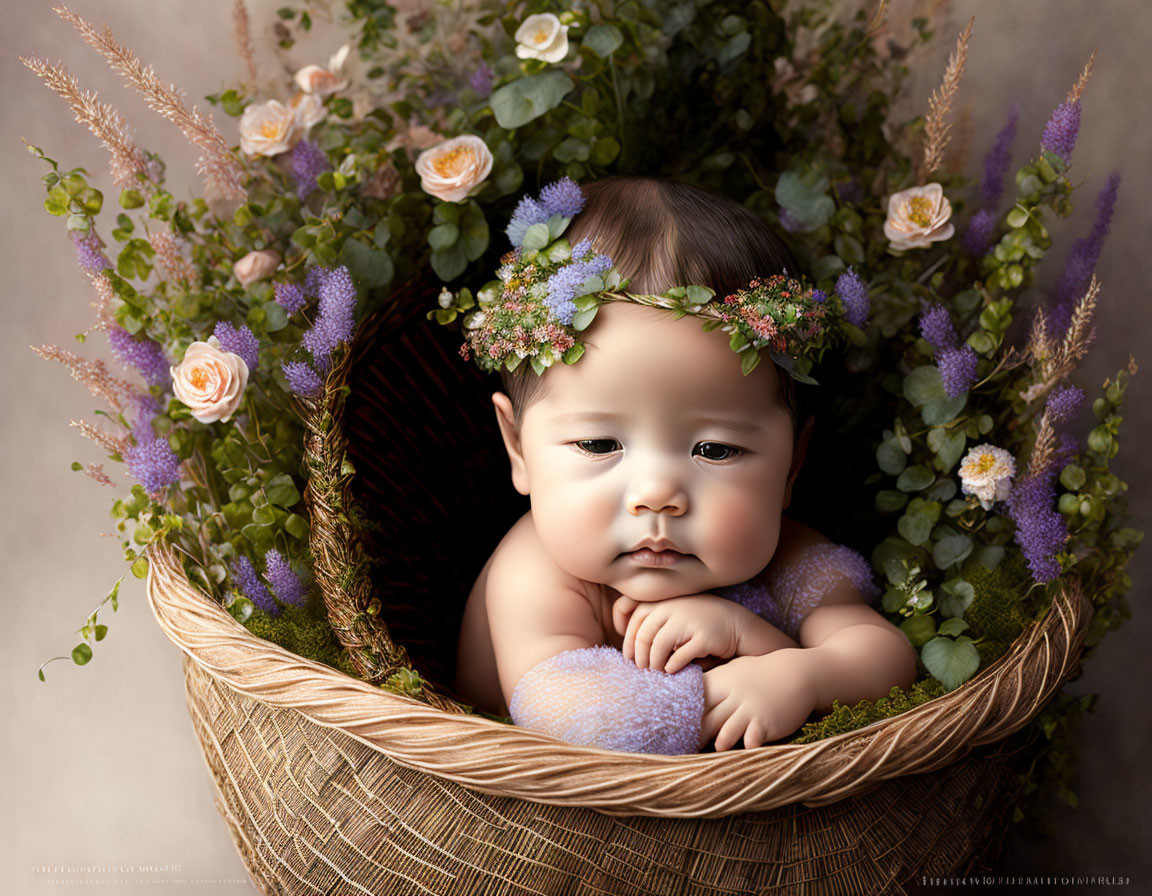 Serene baby with floral crown in woven basket surrounded by delicate flowers