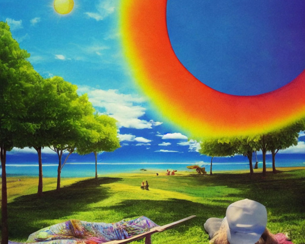 Colorful surreal landscape with rainbow ring, trees, and person on blanket.