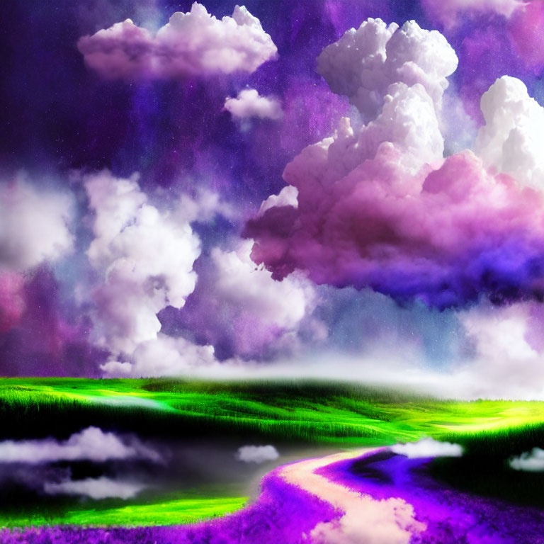 Surreal landscape with purple and white clouds over green field