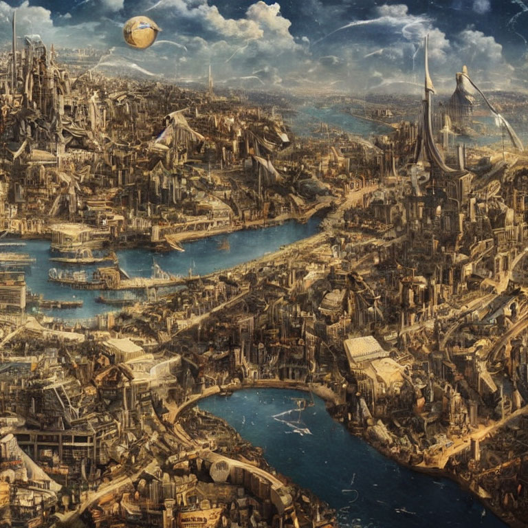 Detailed Steampunk Cityscape with Airships and Rivers