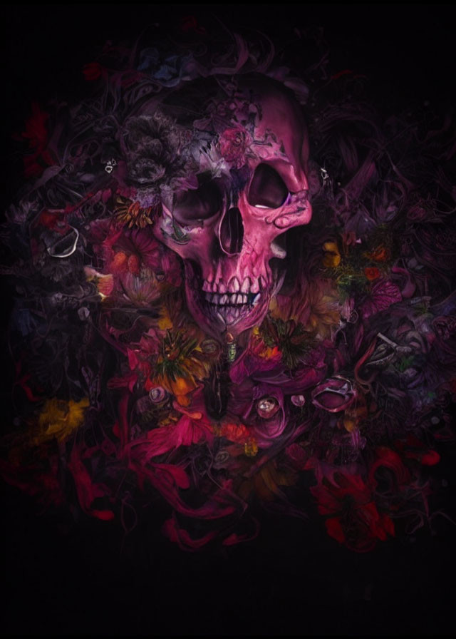 Colorful Abstract Art: Skull Surrounded by Floral Elements