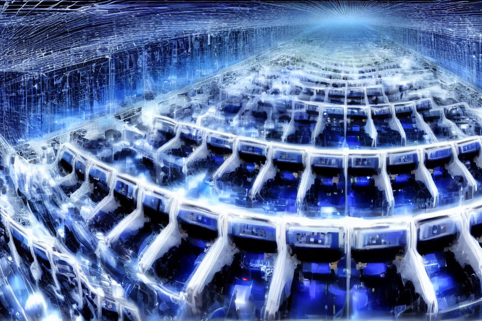 Futuristic digital concept of blue-lit server rows