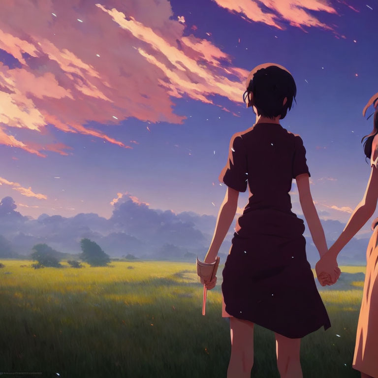 Animated characters holding hands in serene sunset field