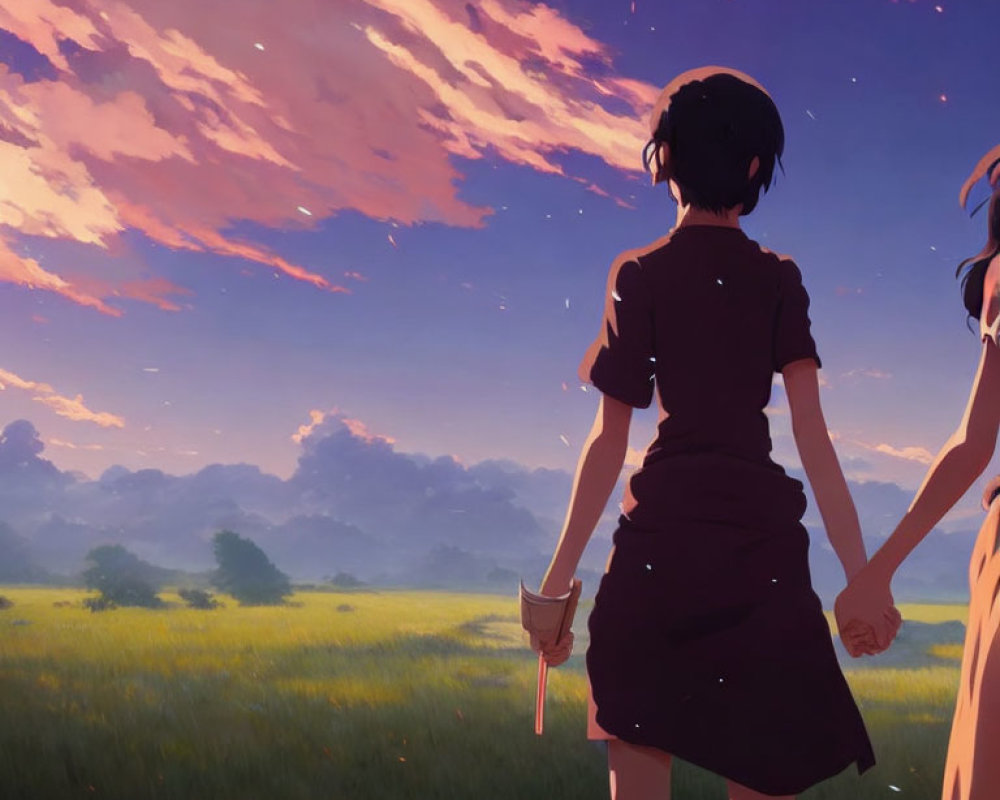 Animated characters holding hands in serene sunset field