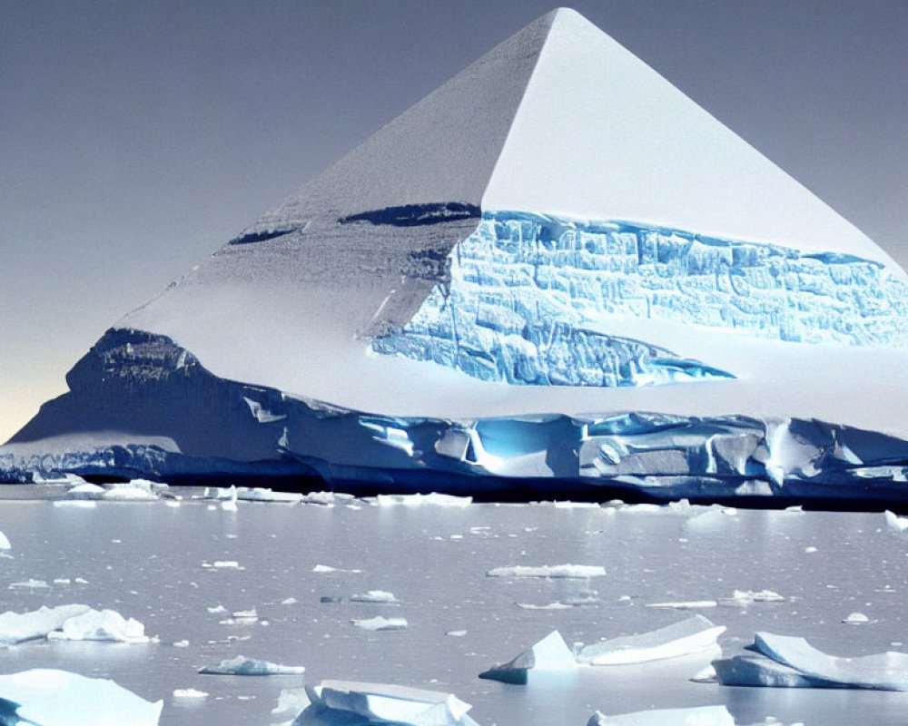 Pyramid-shaped iceberg with icy layers in polar sea