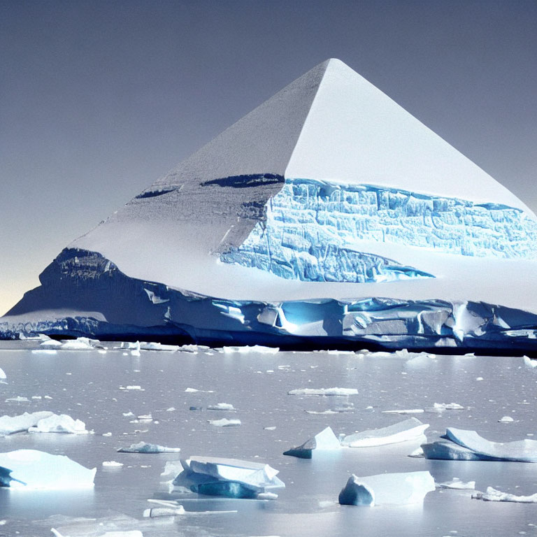 Pyramid-shaped iceberg with icy layers in polar sea