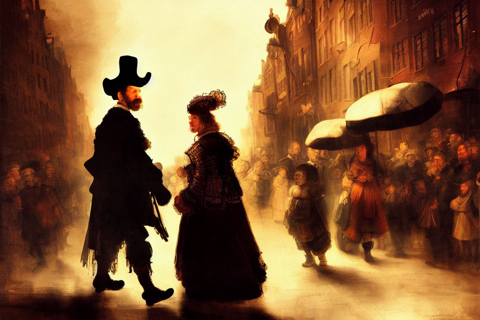 Historical man and woman in bustling street scene with onlookers