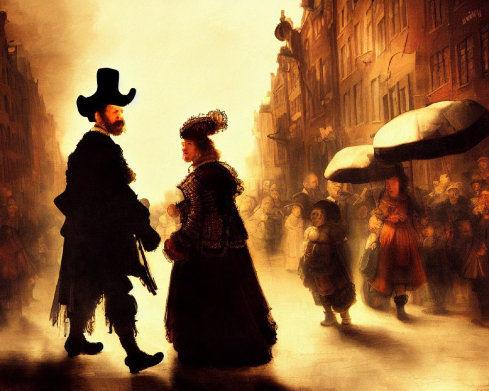 Historical man and woman in bustling street scene with onlookers