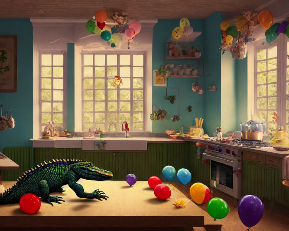 Colorful kitchen with toy alligator, balloons, sunlight, and playful decor.