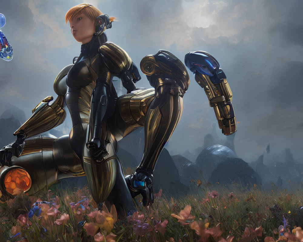 Futuristic female warrior in black and gold armor with robotic limbs and blue drone in cloudy sky