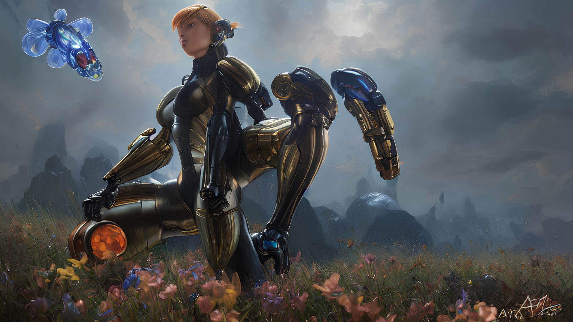 Futuristic female warrior in black and gold armor with robotic limbs and blue drone in cloudy sky