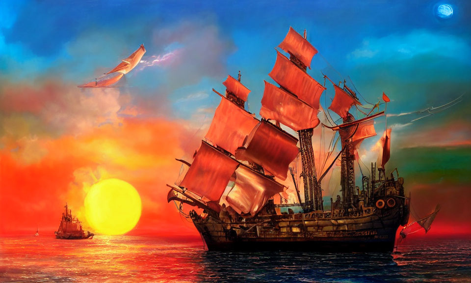 Colorful painting of sailing ship with red sails on sea at sunset