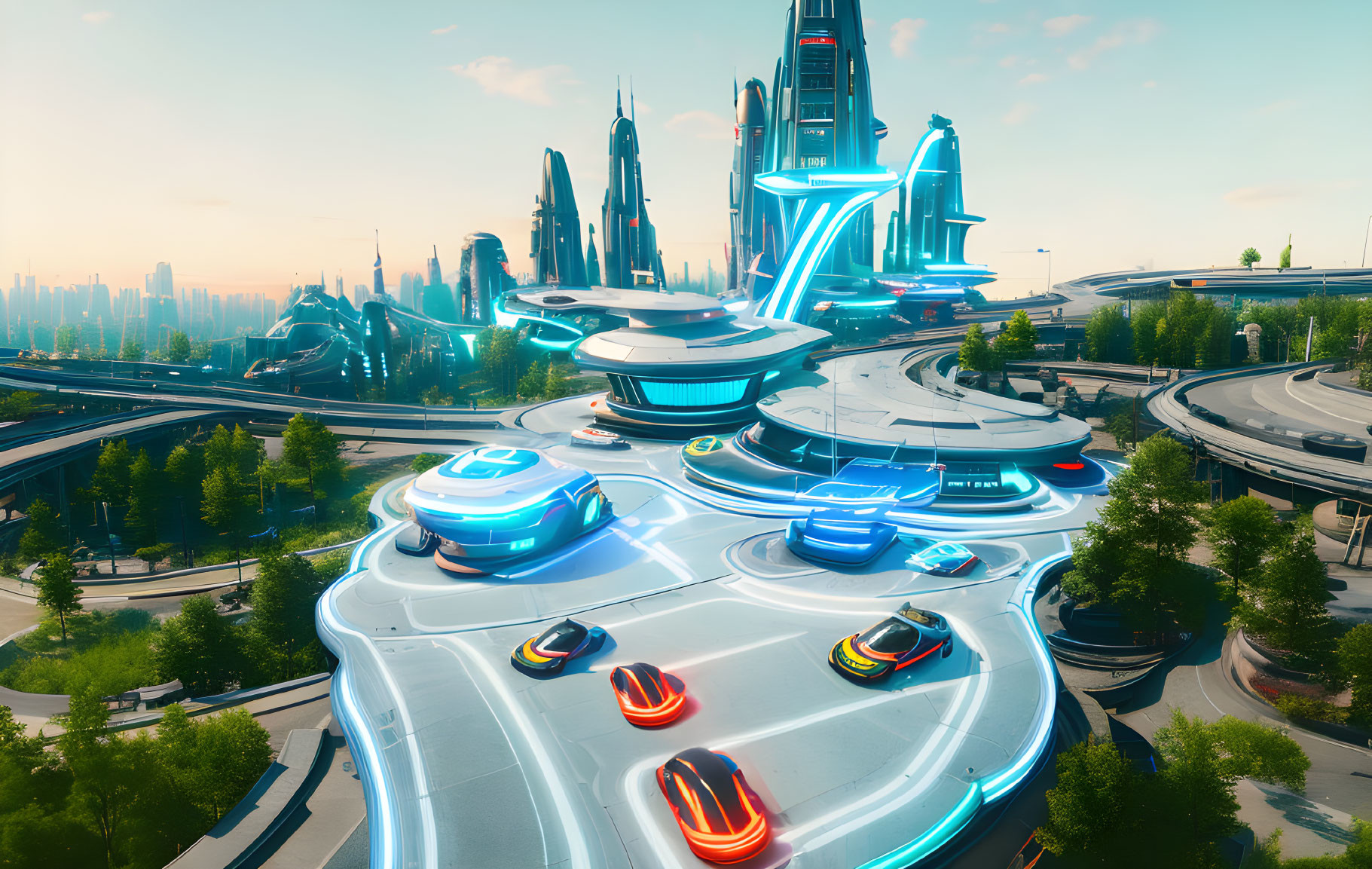 Futuristic cityscape with sleek buildings and flying cars amid lush greenery