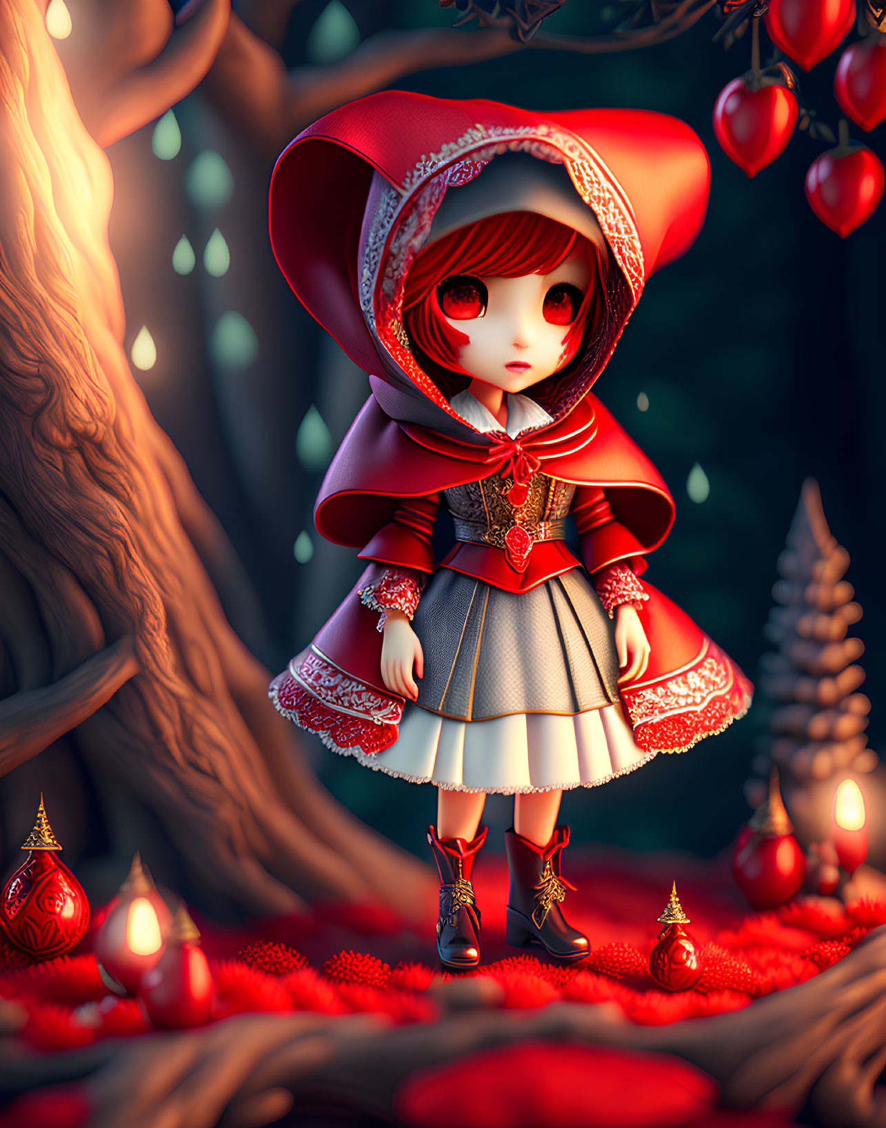 Animated girl in red cape in mystical forest with heart-shaped fruits & candles