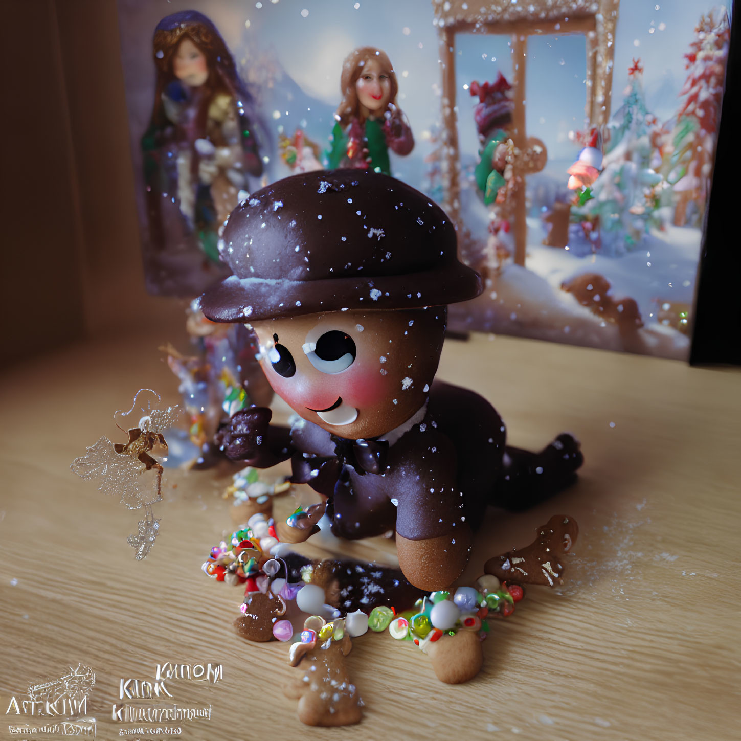 Festive gingerbread figurine in holiday setting with decorations