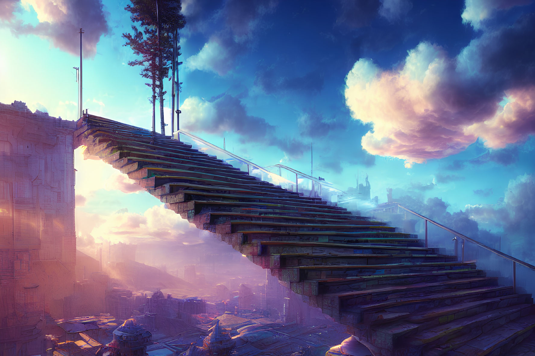 Mystical staircase in futuristic cityscape with lush greenery at sunset