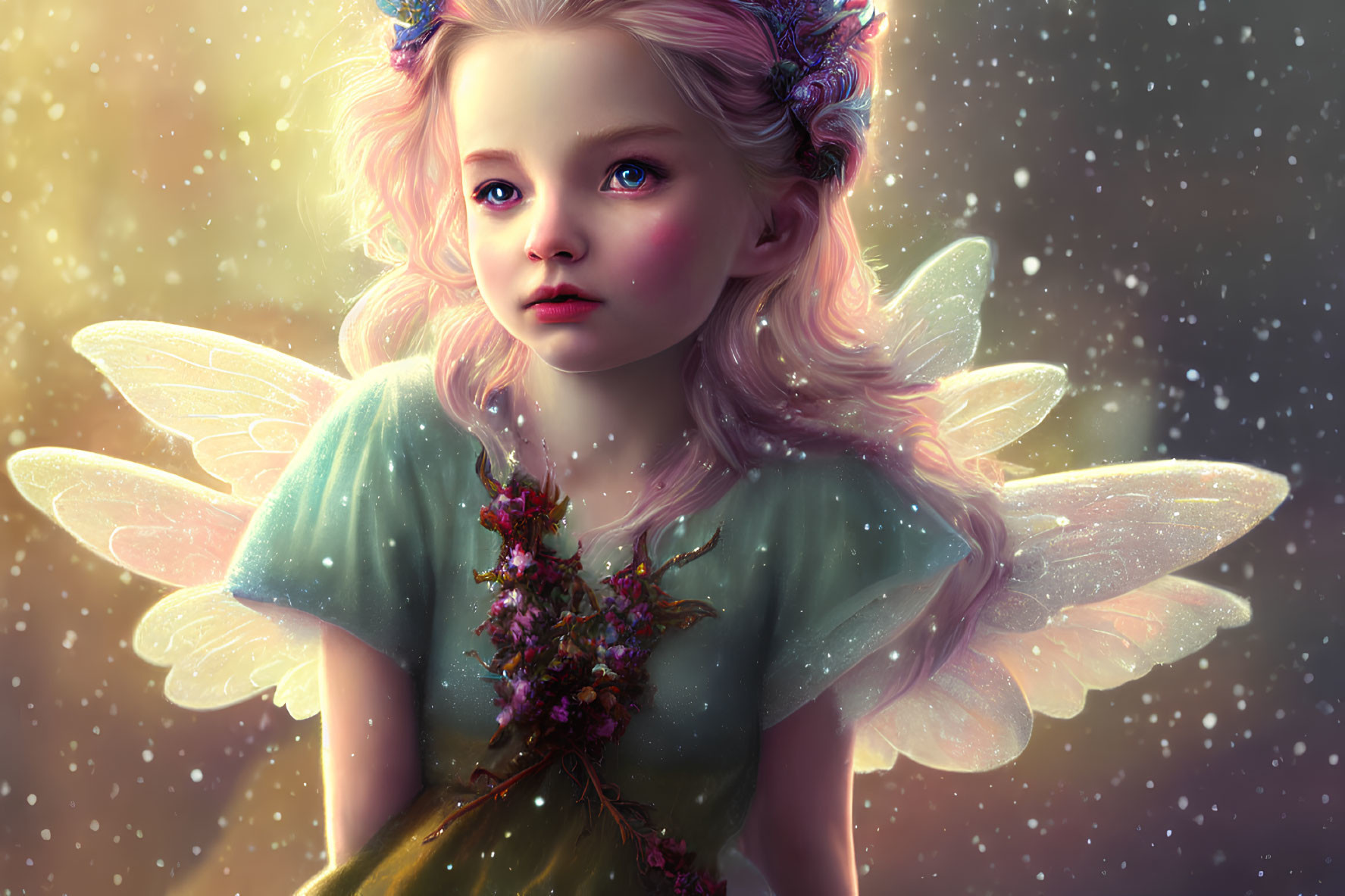 Young fairy with flower-adorned hair in celestial setting