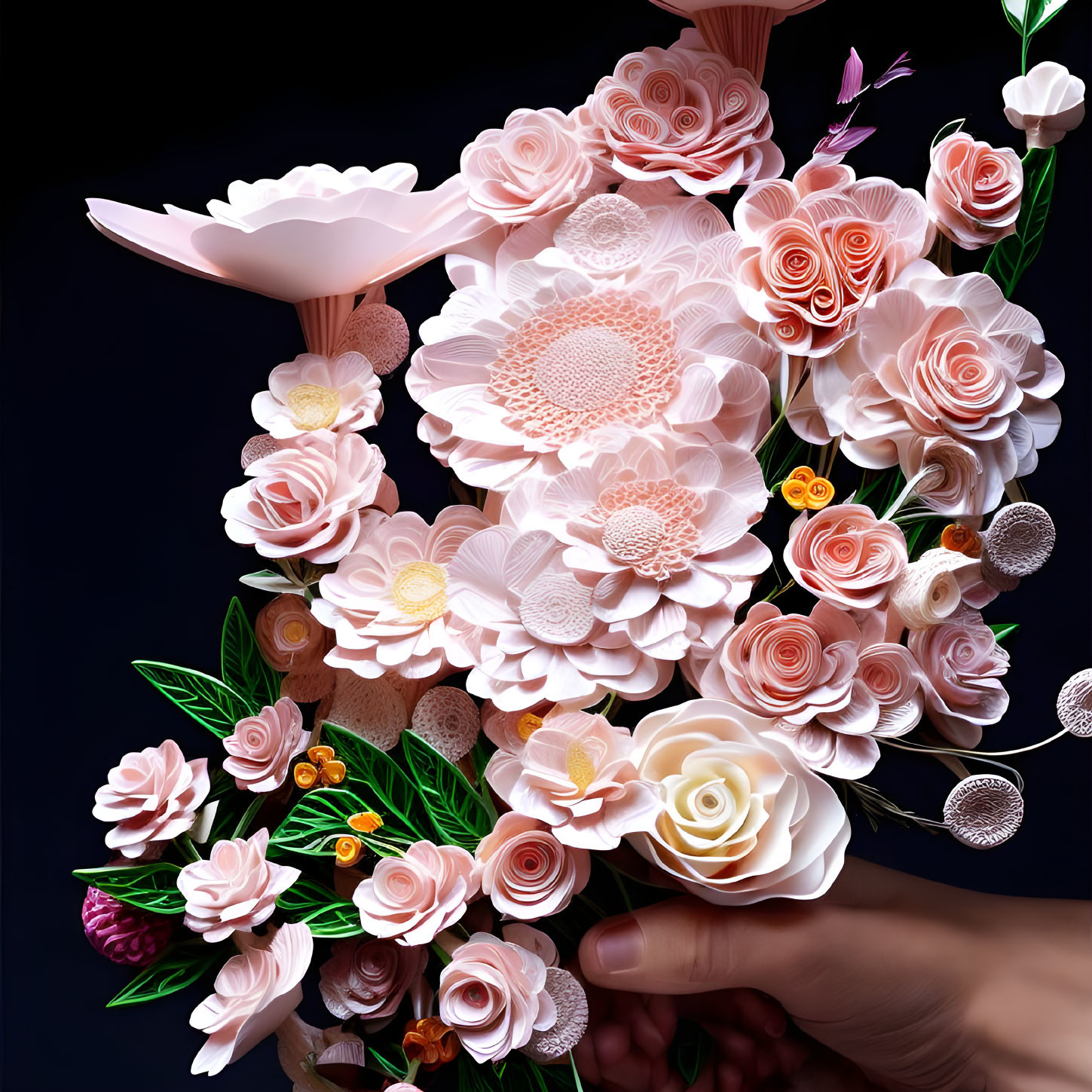 Intricate paper-crafted flower bouquet in shades of pink, white, and cream