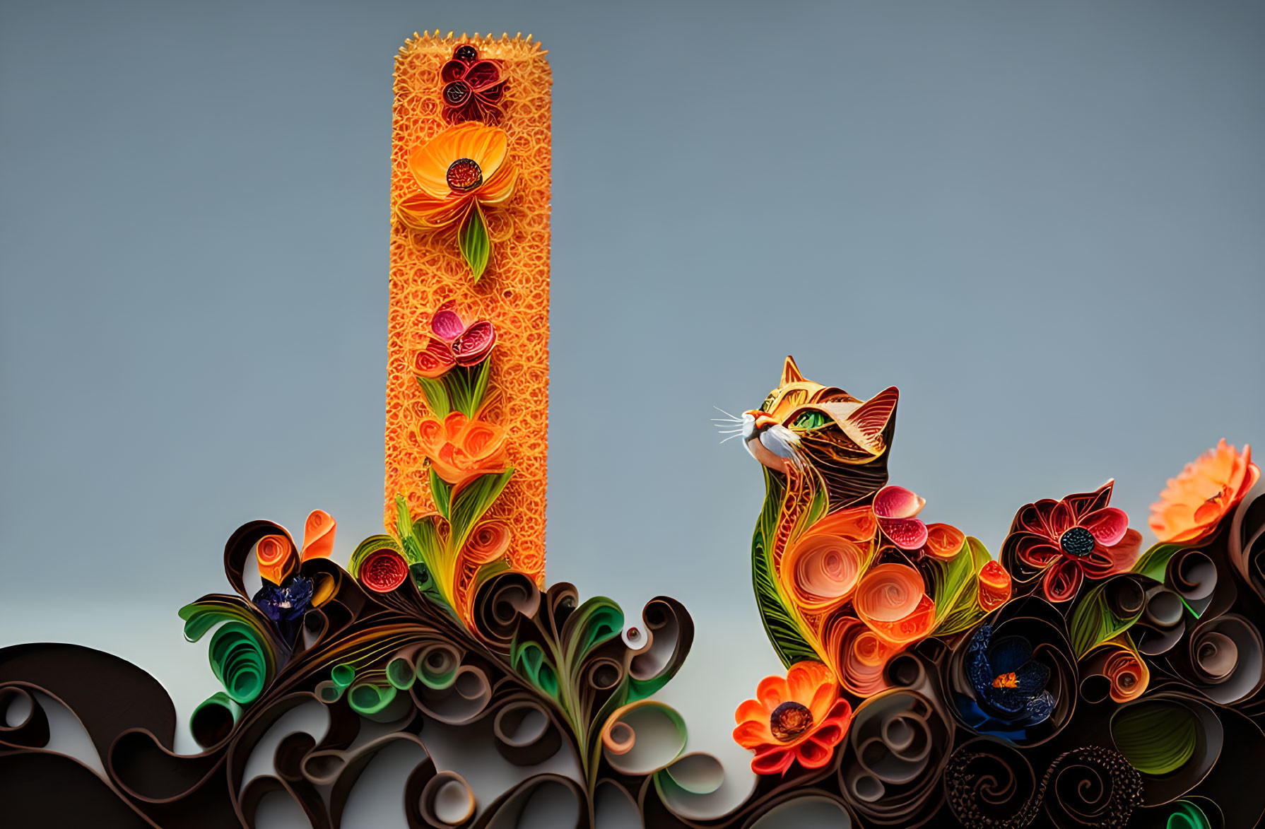 Vibrant quilled paper art: floral design, tower, cat on grey.