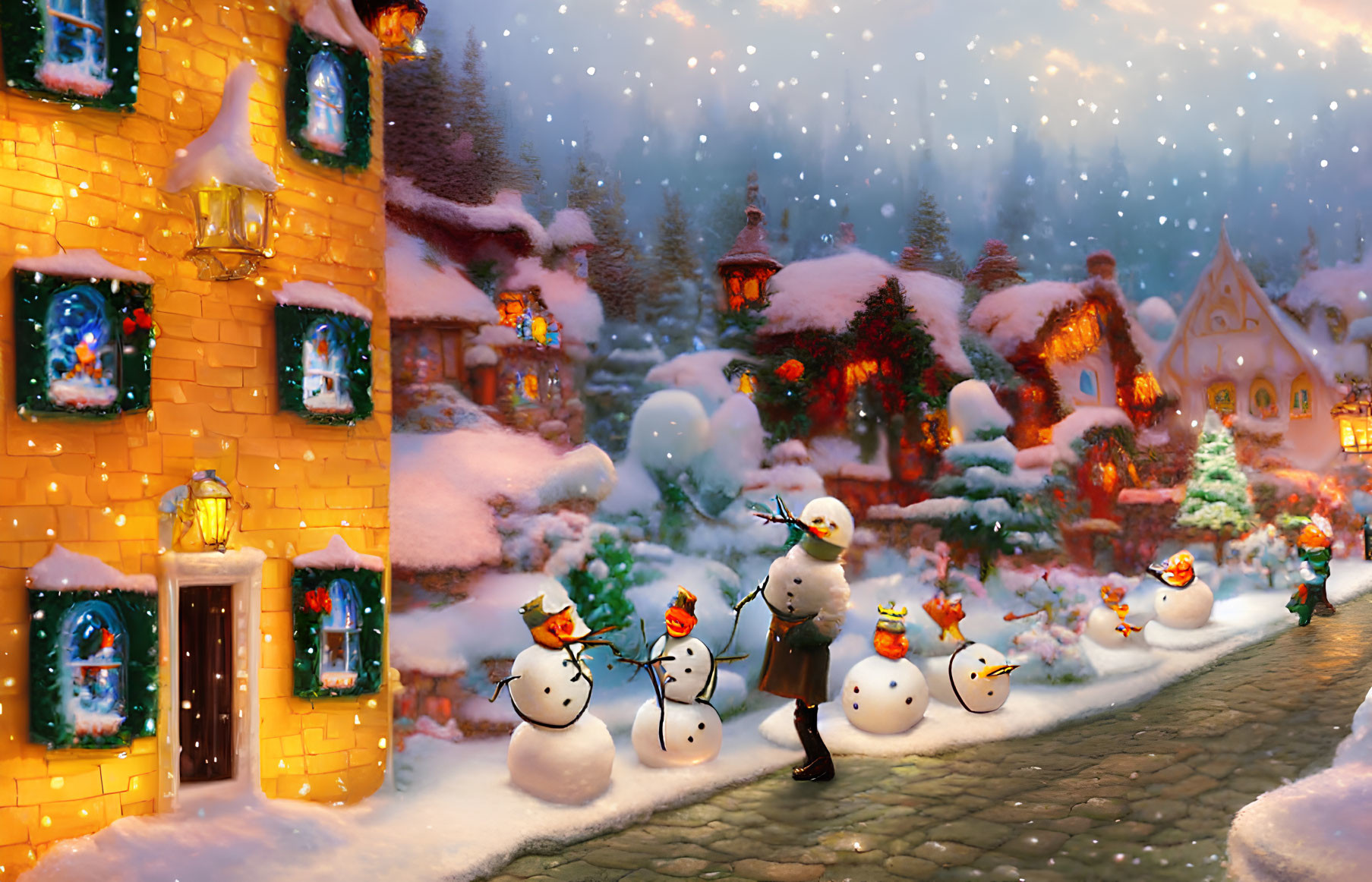 Snowy Village Scene: Person Admiring Snowmen & Lit Houses at Dusk