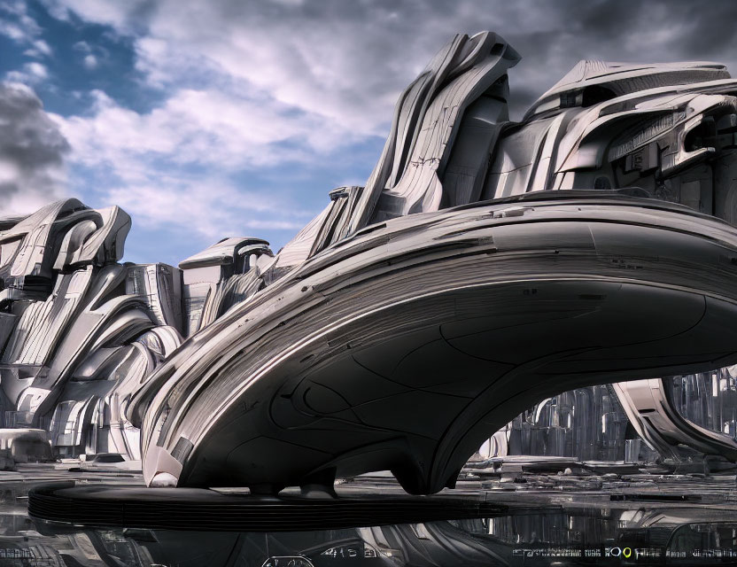 Futuristic cityscape with sleek, curved architecture under cloudy sky