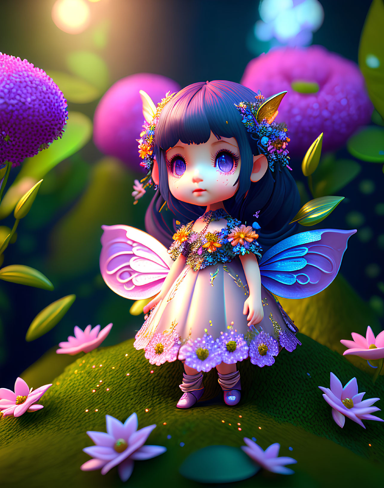 Blue Butterfly-Winged Fairy Girl Among Colorful Flowers