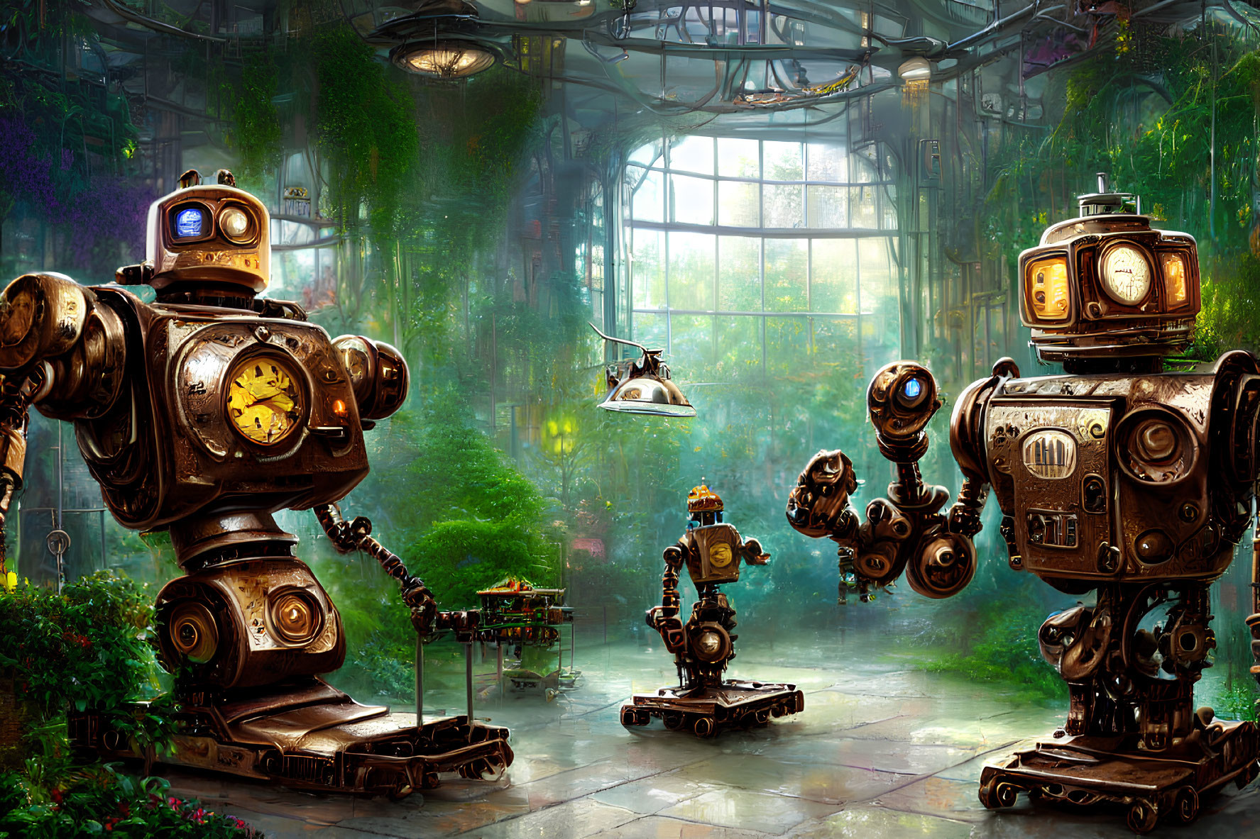 Vintage Robots in Lush Greenhouse with Sunlight and Plants