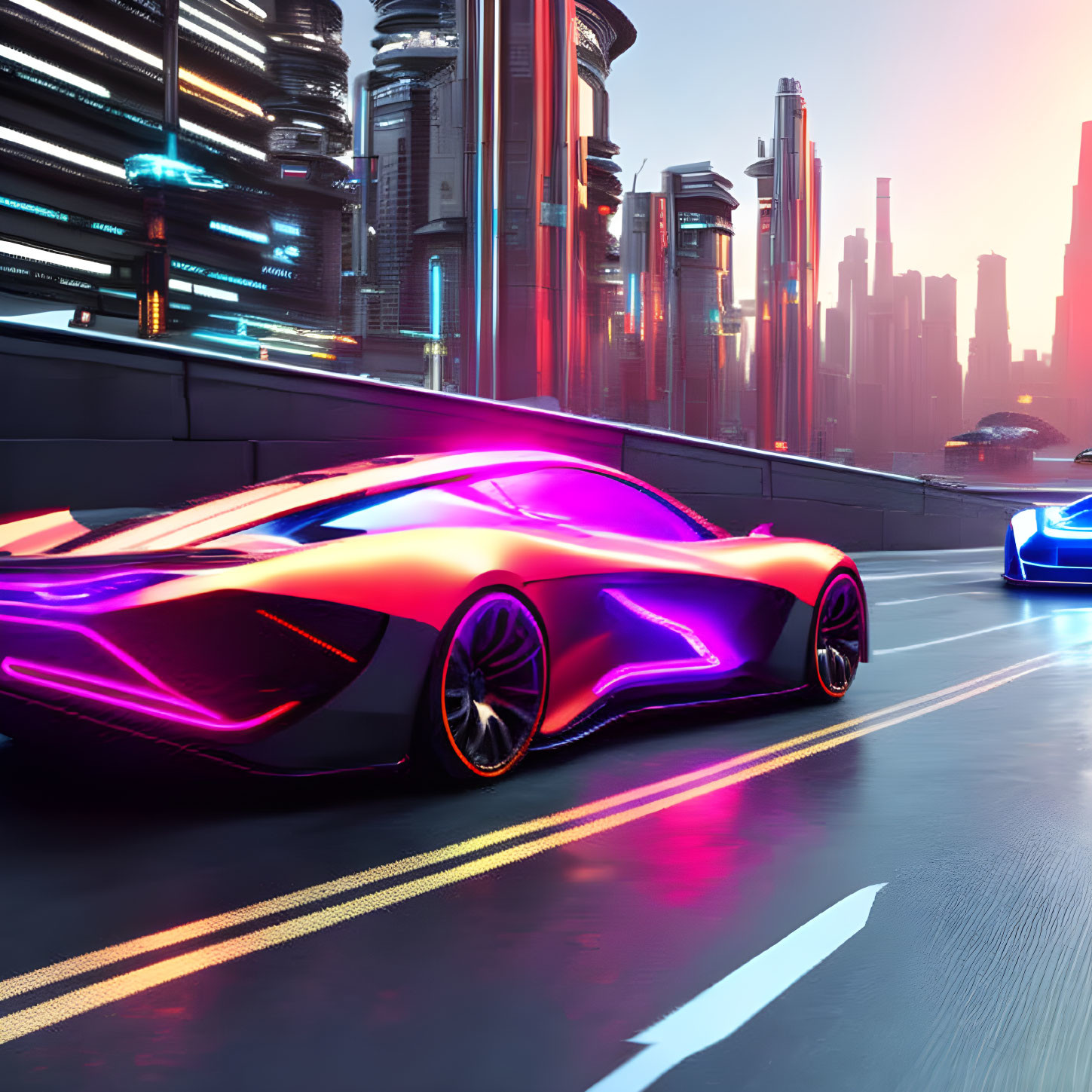 Futuristic cars with neon lights in modern cityscape at dusk