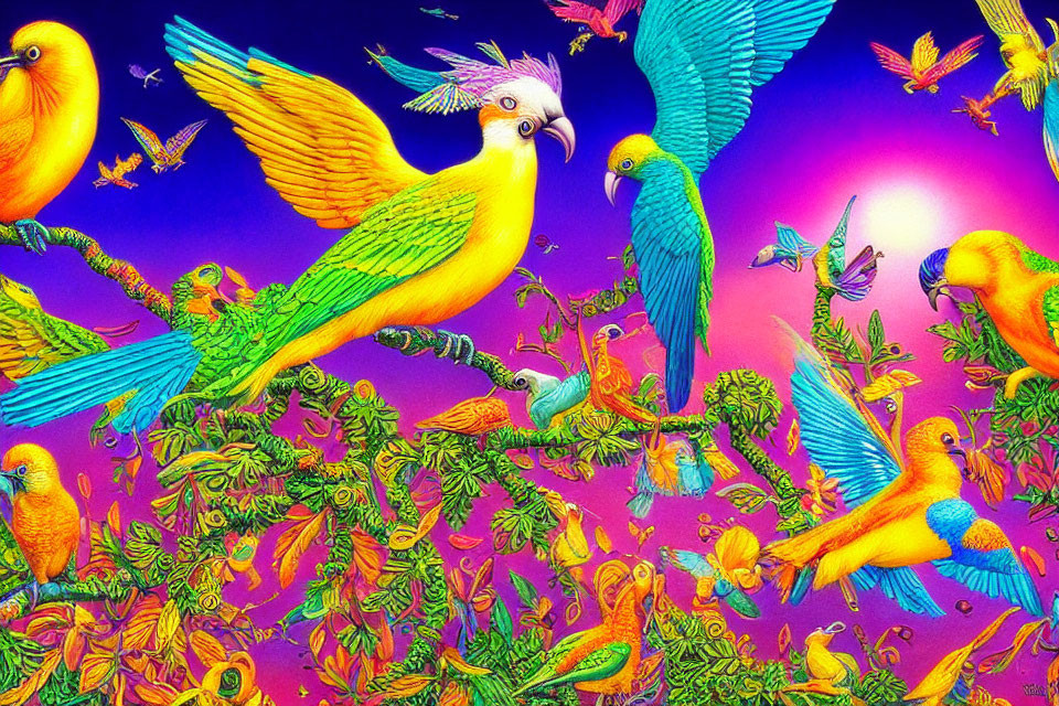 Colorful Exotic Birds Illustration Among Lush Foliage