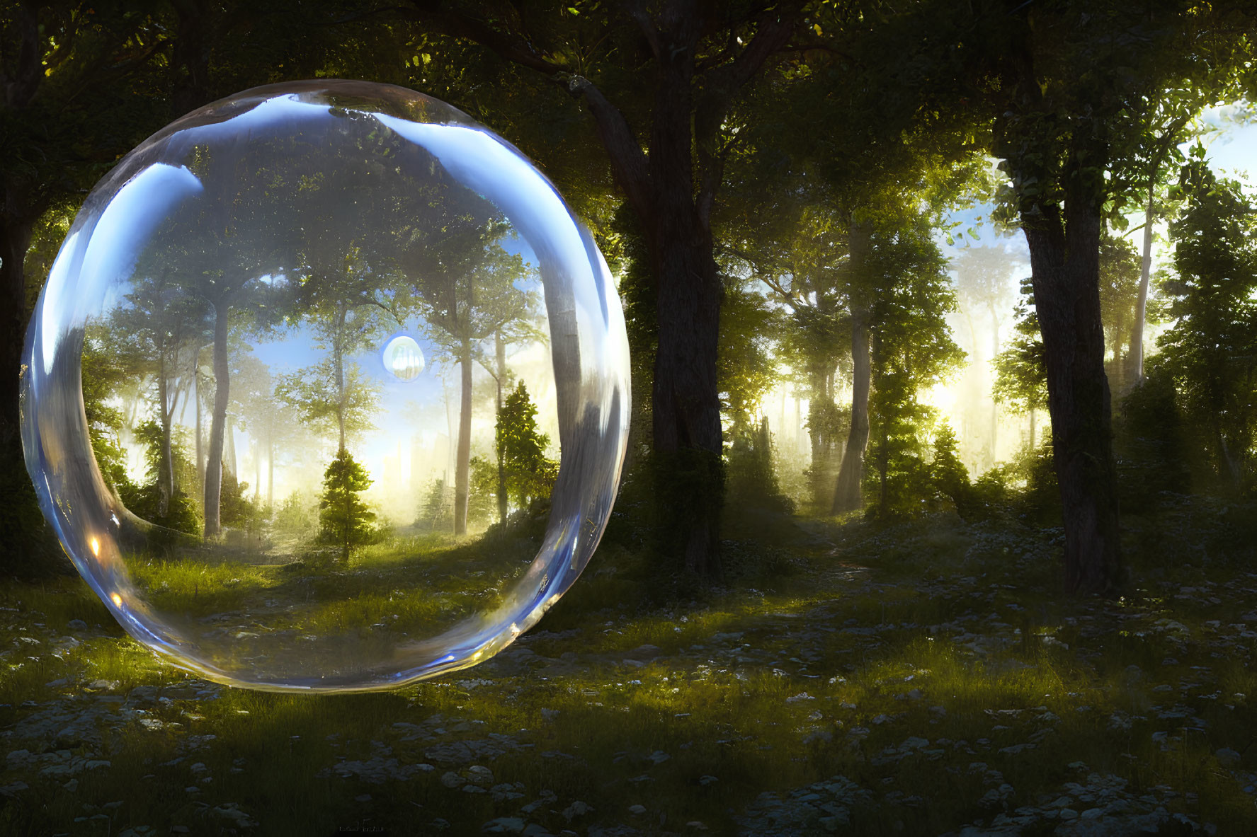 Sunlit Forest Scene with Reflective Bubble Amidst Trees