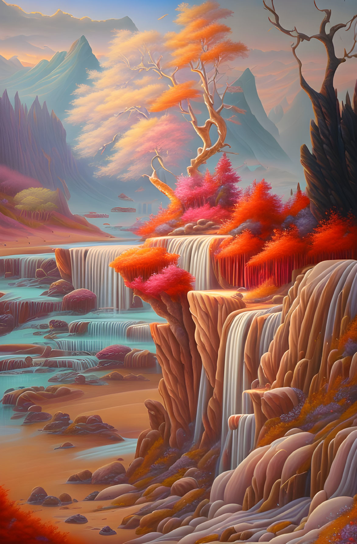 Surreal landscape with waterfalls, autumn foliage, cliffs, and pastel sky