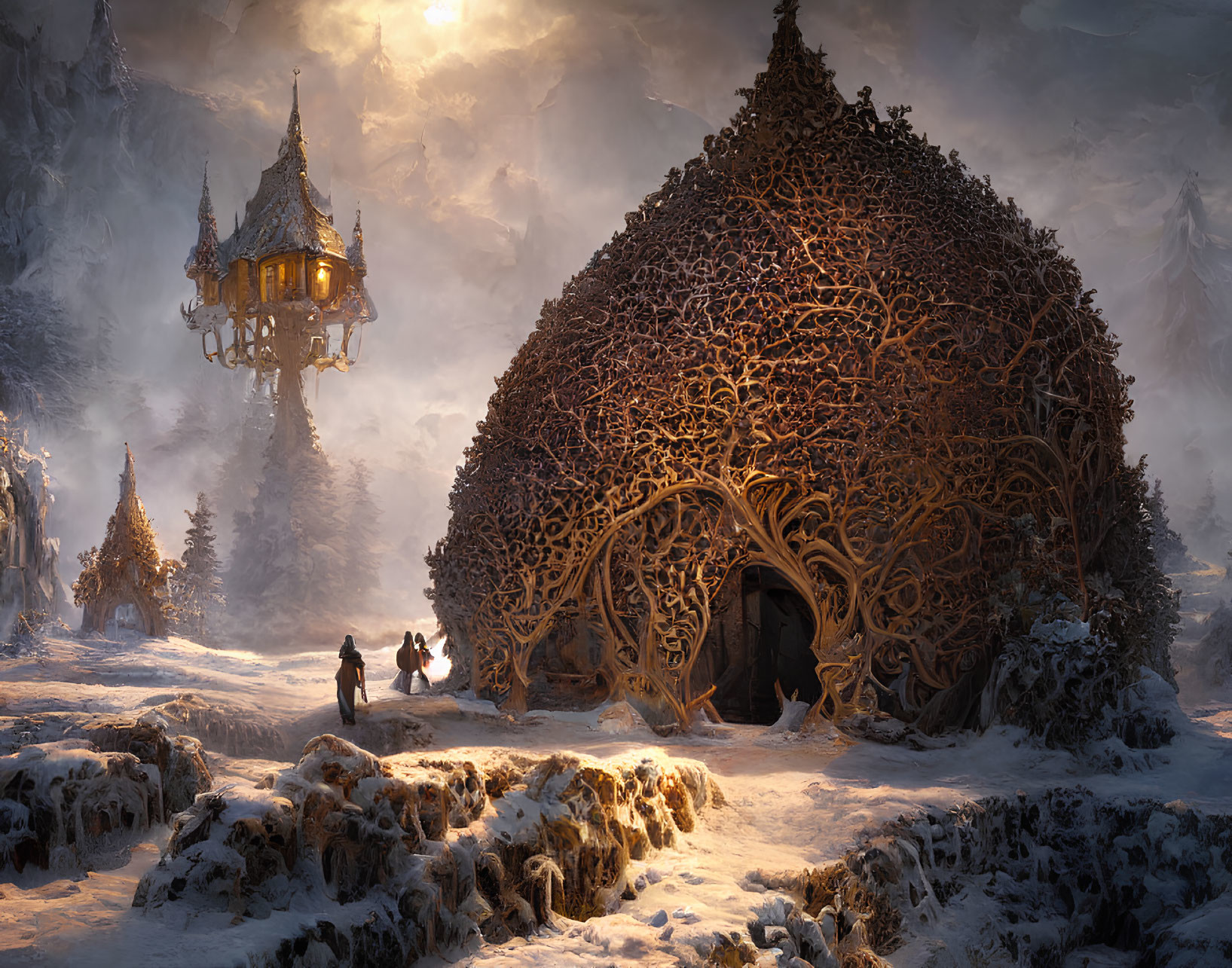 Fantasy winter landscape with travelers, ornate dome, and lantern-lit tower