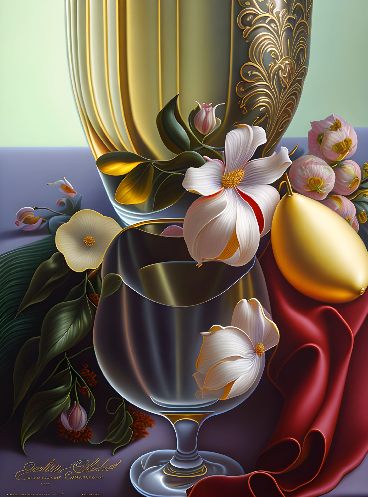 Elegant still life digital artwork with wine glass, flowers, velvet cloth, and ornate mirror