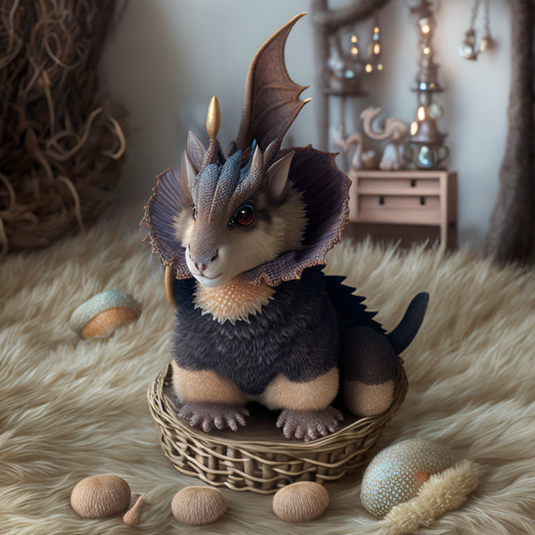 Fantasy-style dragon toy in woven basket with eggs on furry surface