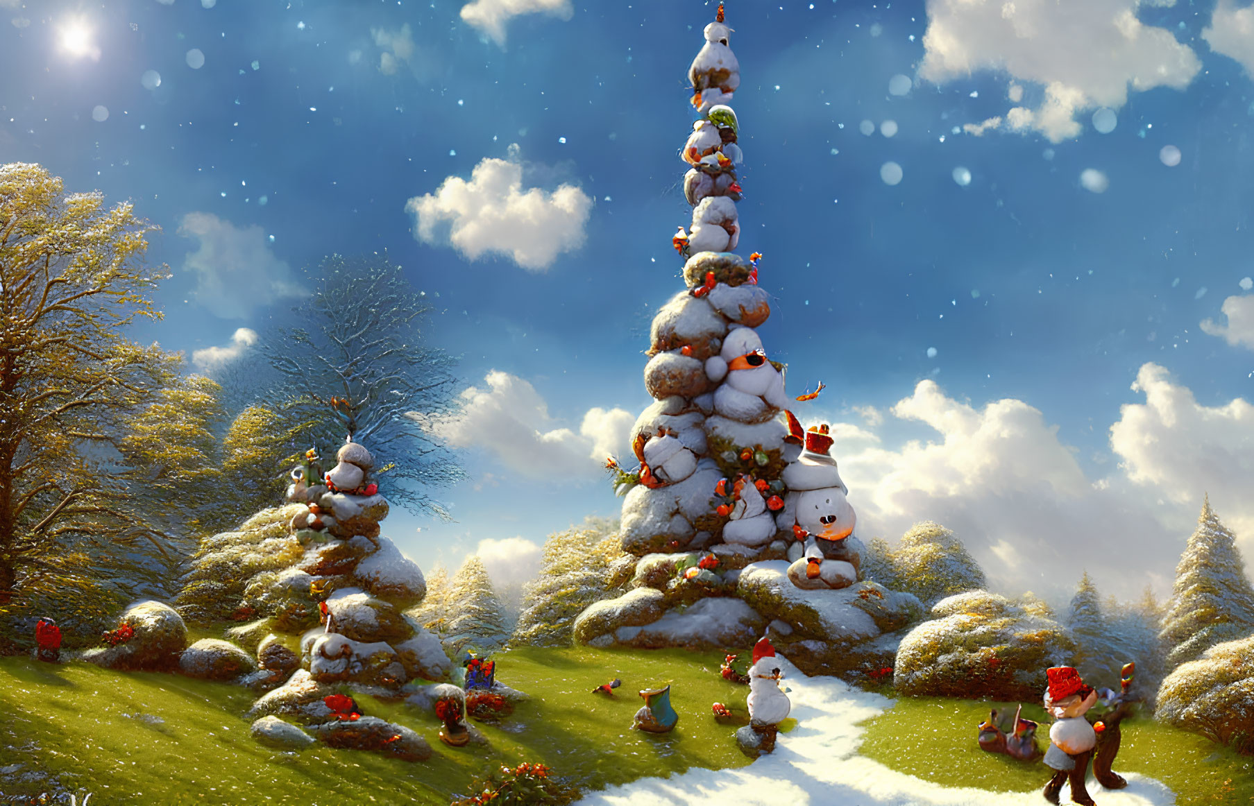 Whimsical snowmen and Christmas trees in snowy landscape