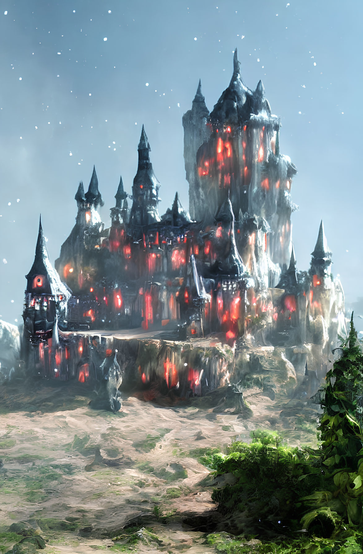 Fantasy castle on craggy cliff with red glowing windows in misty starry sky