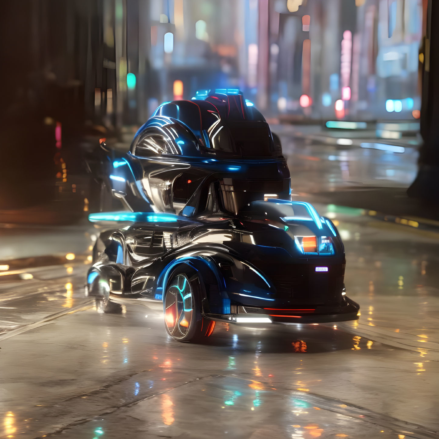Futuristic black car with blue neon lights in urban night scene
