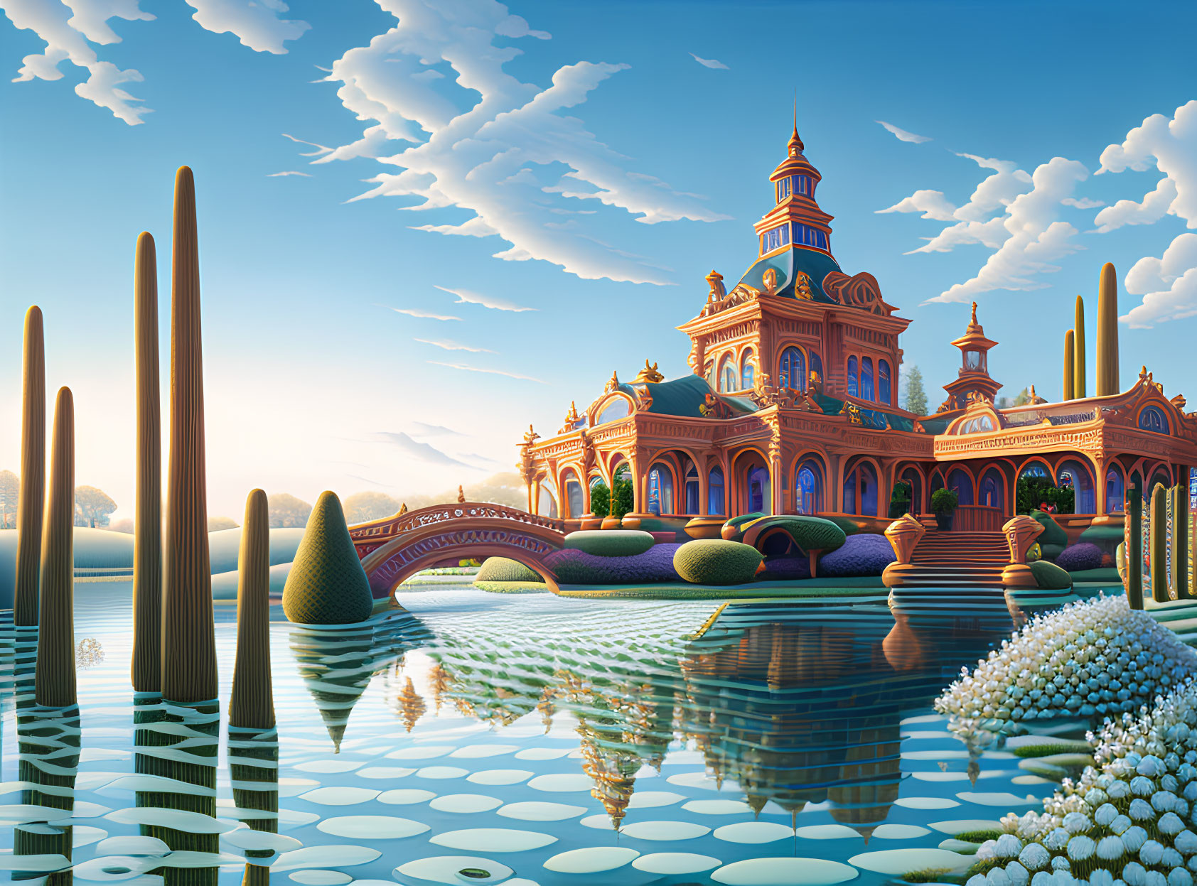 Whimsical landscape with ornate building, reflecting pool, unique flora, and dreamy sky