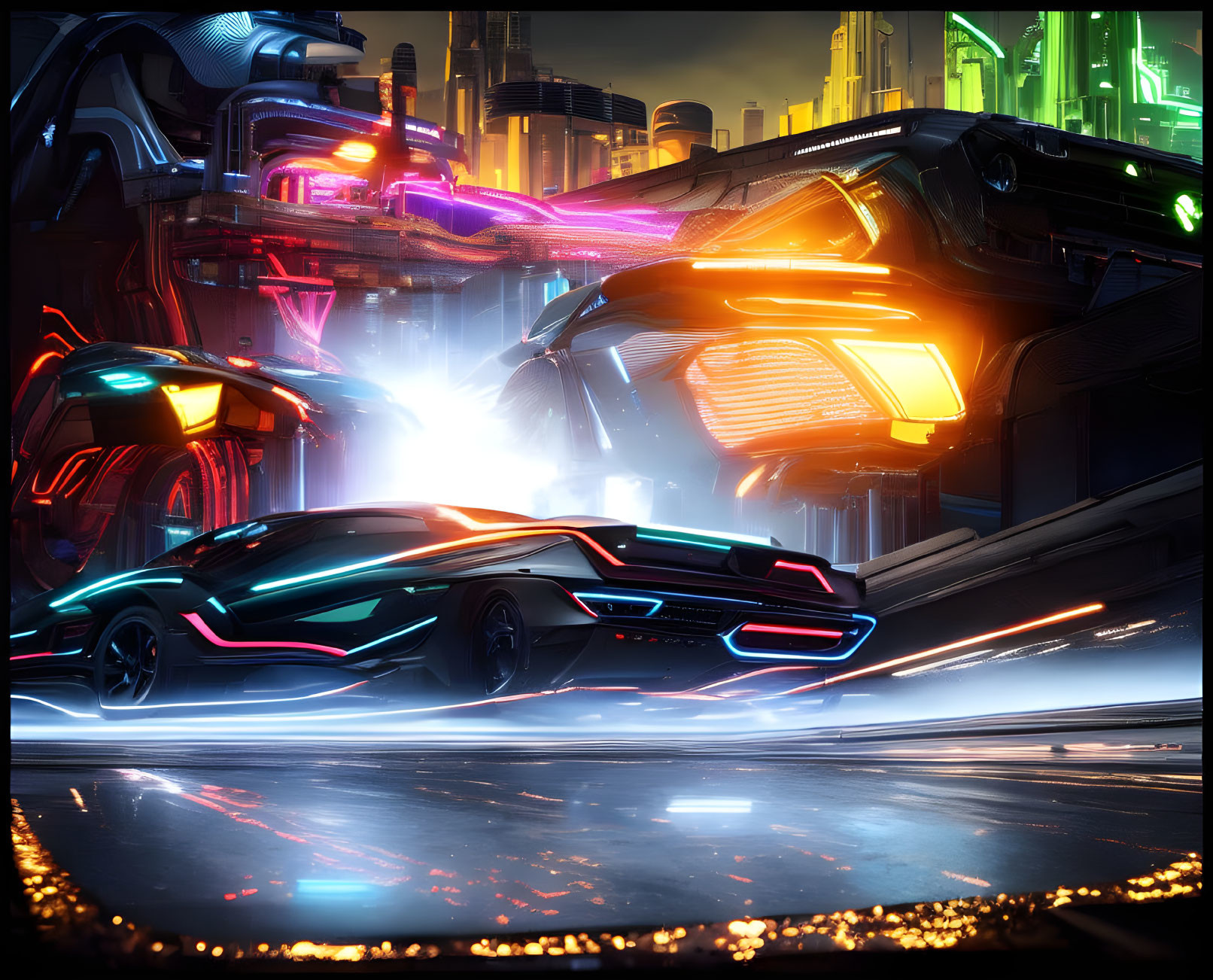 Neon-lit futuristic cityscape with flying cars at night