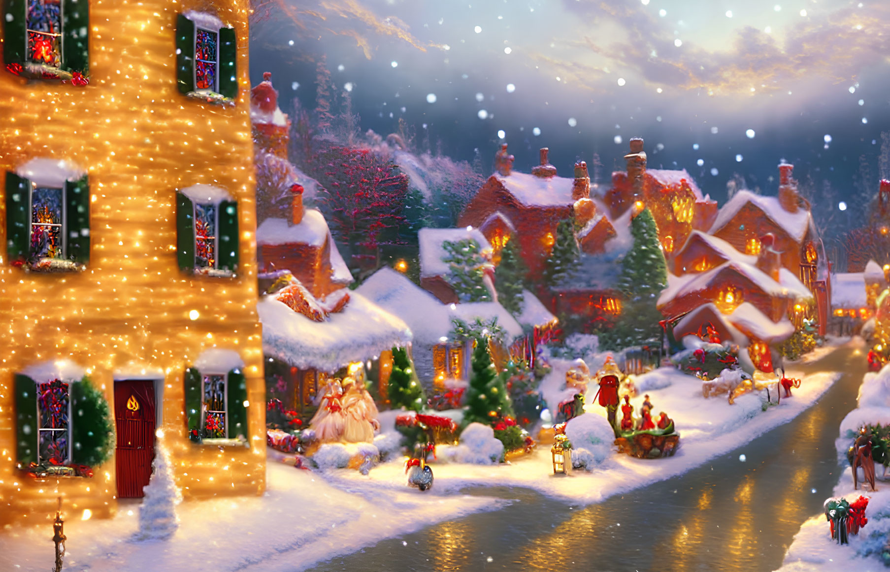 Festive Christmas village with lights, decorations, and snow