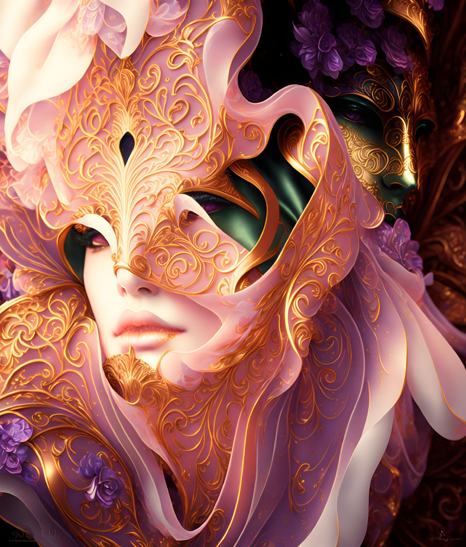 Golden mask with intricate patterns on woman's face, purple floral accents, and shadowed figure.