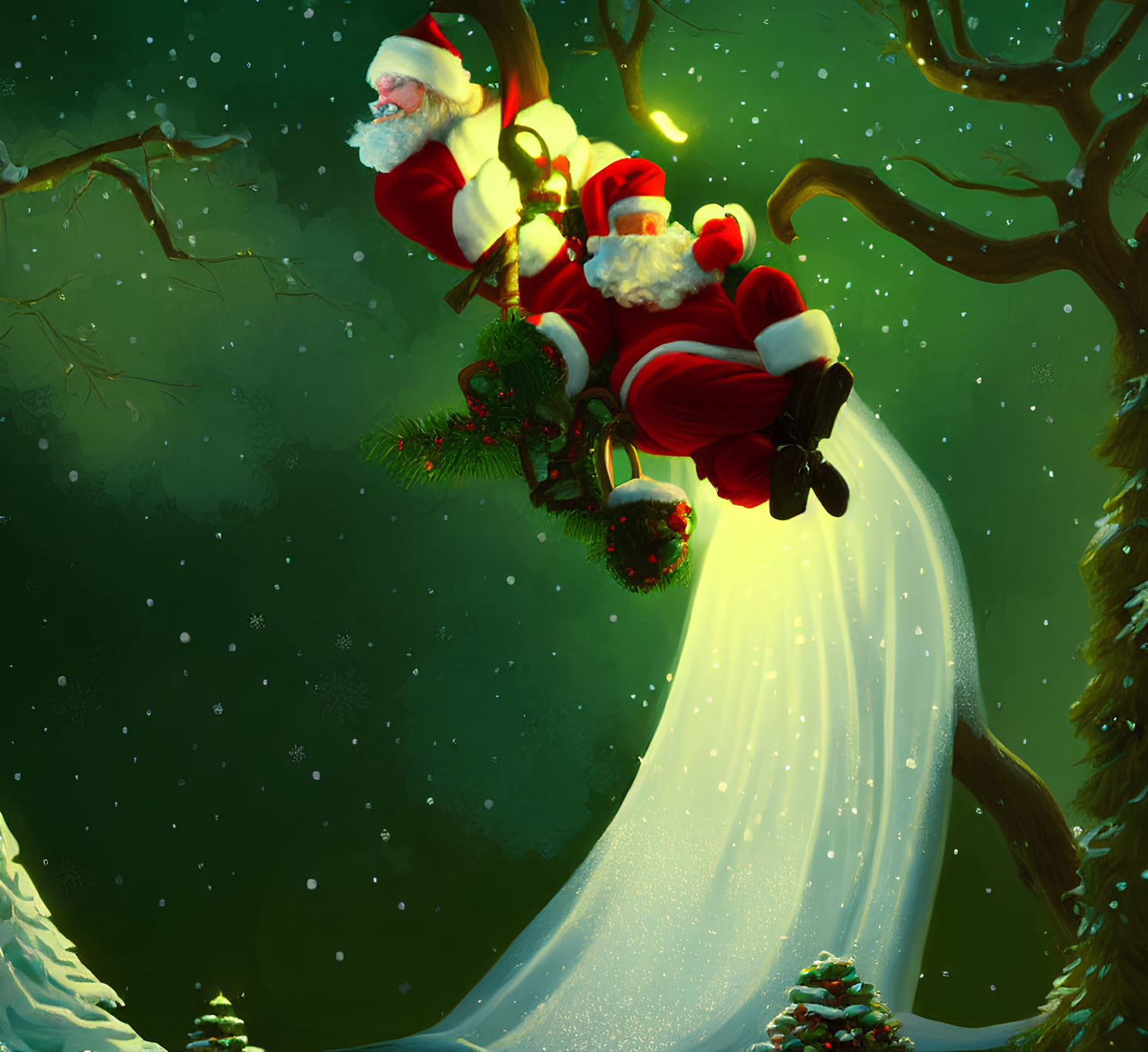 Santa Claus trapped in tree with sack on branch under starry night sky.