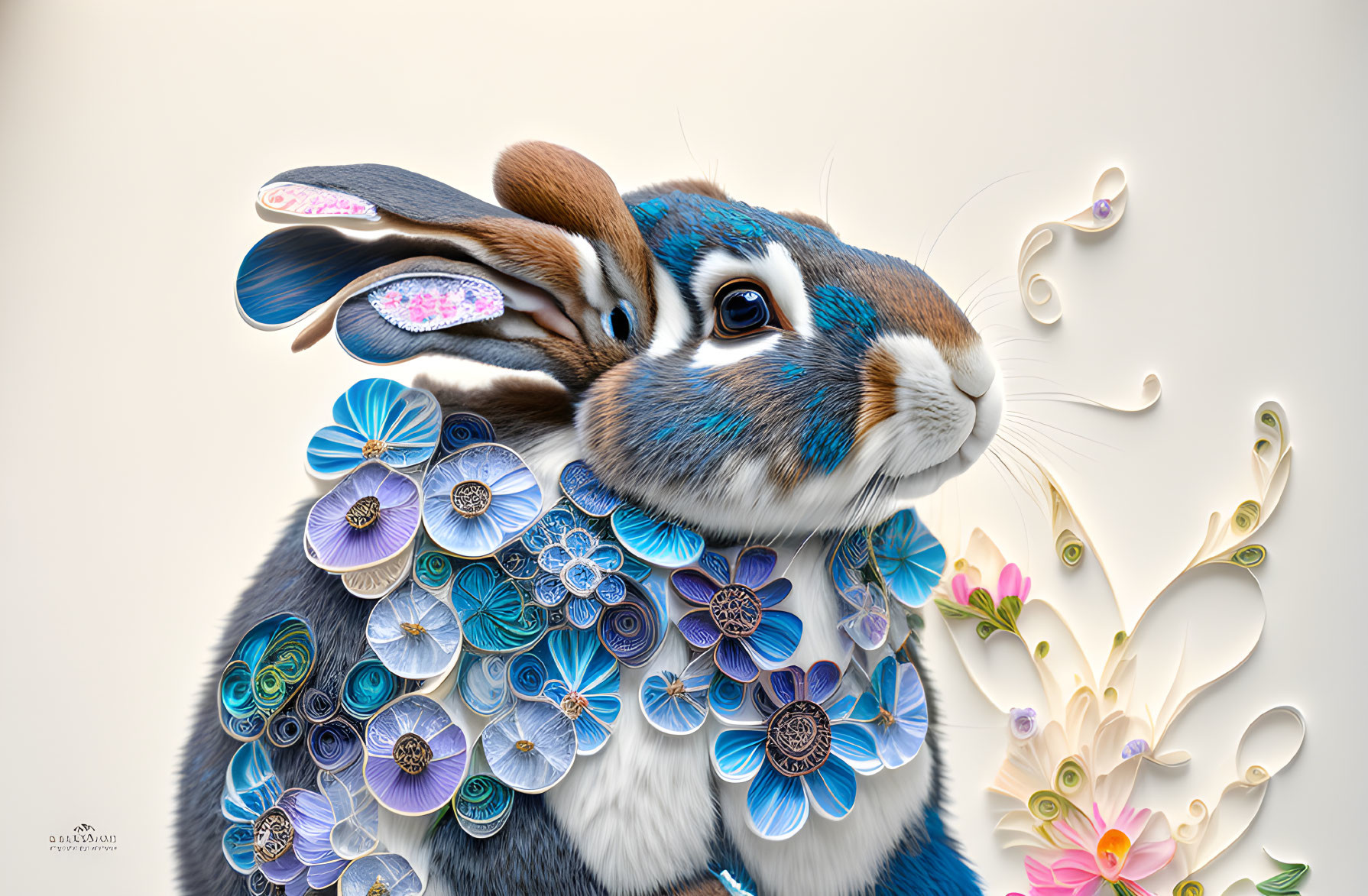 Colorful Paper Art Flowers Adorned Rabbit: A Whimsical Fusion