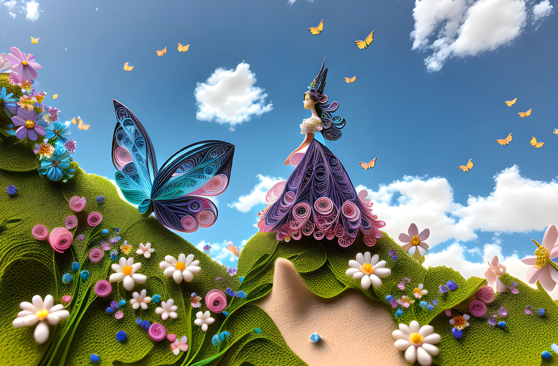 Colorful paper art scene of woman on hill with butterflies and flowers