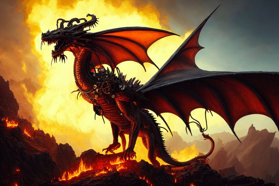 Majestic dragon with expansive wings in fiery volcanic landscape