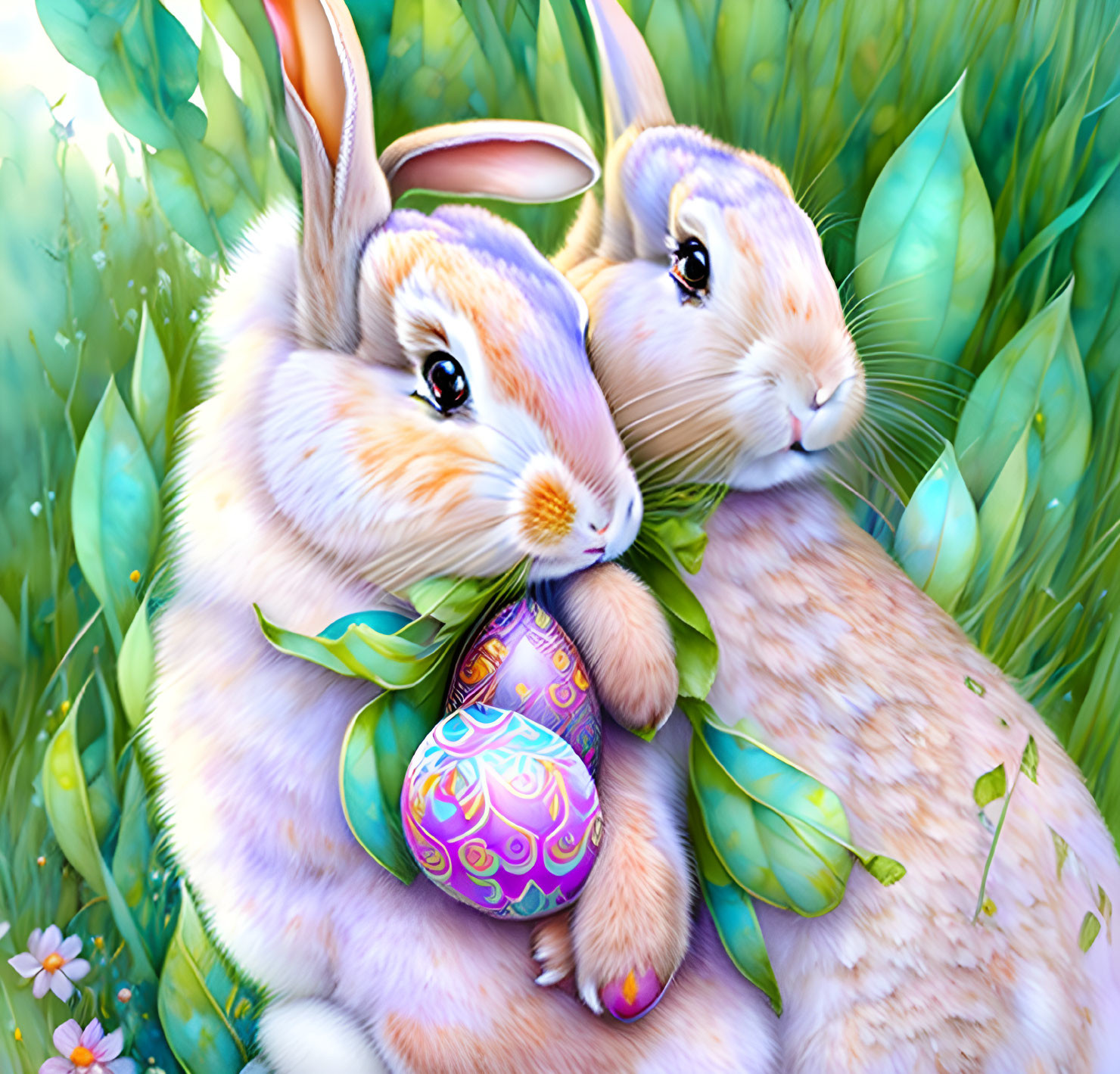 Illustrated rabbits with Easter egg in lush greenery.